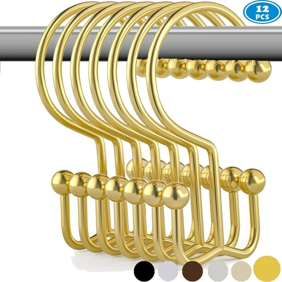 Shower Curtain Hooks Rings, Rust-Resistant Metal Glide Shower Hook, Double Hook for Bathroom Shower Rods Curtains, 12pk Gold