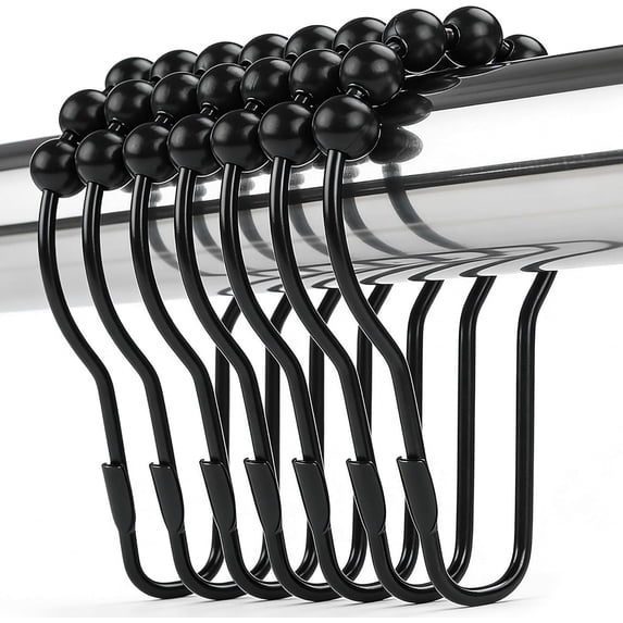 Shower Curtain Hooks Rings, Rustproof Metal Shower Curtain Rings for Bathroom Shower Rods Curtains - Set of 12, Matte Black