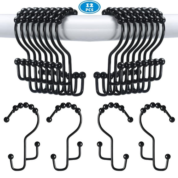 Shower Curtain Hooks Rings, Rustproof Premium Stainless Steel Glide Shower Hook, 12pk Stepped Double Hook for Bathroom Shower Rods Curtains, Brushed Matte Black Finish