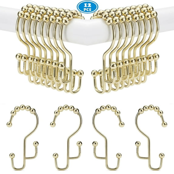 Shower Curtain Hooks Rings, Rustproof Premium Stainless Steel Glide Shower Hook, 12pk Stepped Double Hook for Bathroom Shower Rods Curtains, Plated Brass Finish