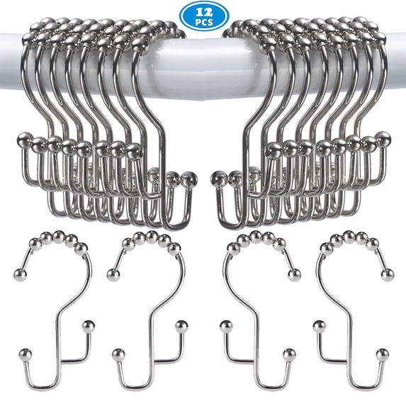 Tru-Glide Polished Nickel Premium Rustproof Stainless Steel Rollerball Shower Curtain Rings Stepped Double Hooks, 12 Count