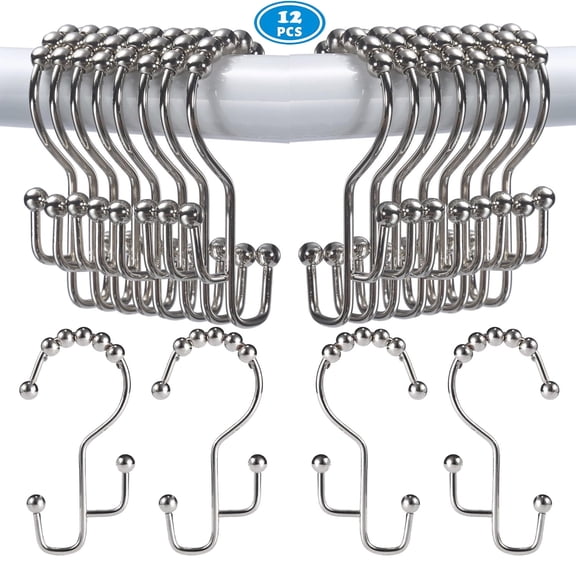 Tru-Glide Polished Nickel Premium Rustproof Stainless Steel Rollerball Shower Curtain Rings Stepped Double Hooks, 12 Count