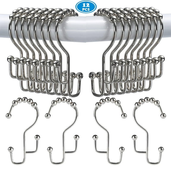 Shower Curtain Hooks Rings, Rustproof Premium Stainless Steel Glide Shower Hook, 12pk Stepped Double Hook for Bathroom Shower Rods Curtains, Polished Nickel Finish