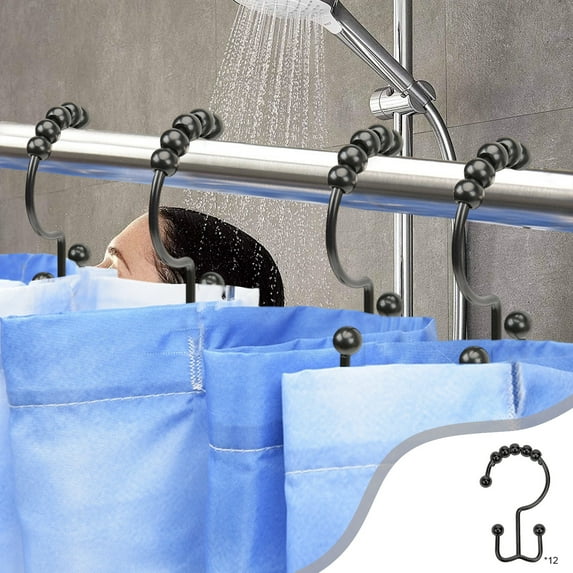 Shower Curtain Hooks Rings for Bathroom 12 Pack Iron Black Rust Proof Shower Curtain Rings