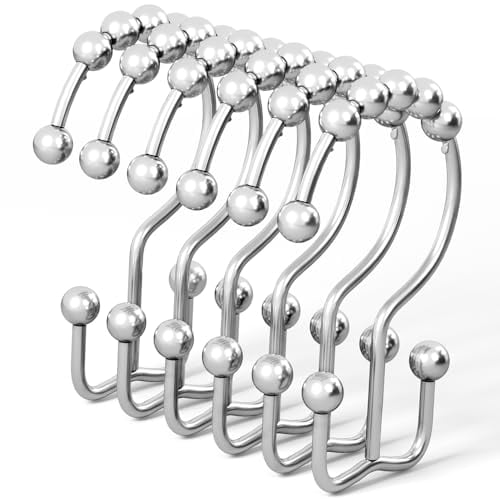 Shower Curtain Hooks,Rust Proof Metal Easy Glide Double Rings,Stainless Steel Hangers for Bathroom Curtains,Set of 12,Polished Chrome