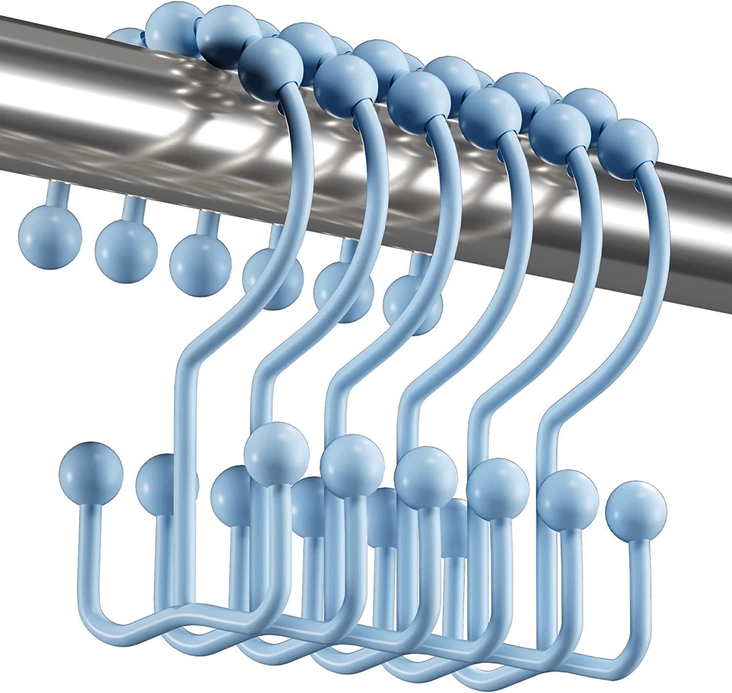 Shower Curtain Hooks, Rust Proof Shower Curtain Rings for Bathroom, Durable Metal Double Glide Shower Hooks Hangers for Bathroom Shower Rods Curtains, Set of 12 Hooks - Blue