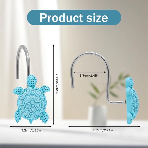 Shower Curtain Hooks, Seashell Turtles Shower Curtain Rings, Beach Theme Rust Proof Bath Shower Hooks, 12 PCS Bathroom Decoration Ocean Coastal Anti Rust Decorative Resin Hooks