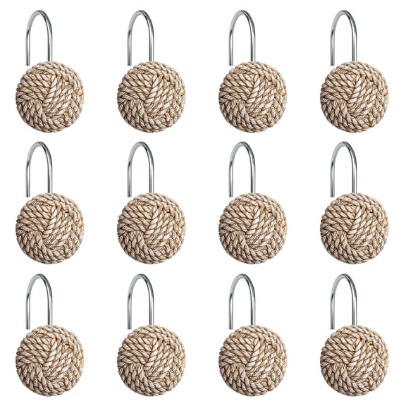 Shower Curtain Hooks, Set of 12 - Boho Coastal Rope Knot Design, Rust-Resistant Bathroom Hardware Rings for Decorative Bath