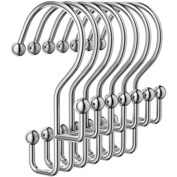 Shower Curtain Hooks, Silver Hooks Rust Proof, Anti-drop Metal Rings Double for Curtain, & Liner, Silver-12 Pcs