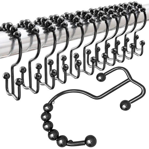 Shower Curtain Hooks, Stainless Steel Rust Resistant Easy Install Rings Set of 12, Decorative Liner Ring for Bathroom Hanging Rods, Friction Free Metal Hook, Bath Room Accessory, Onyx