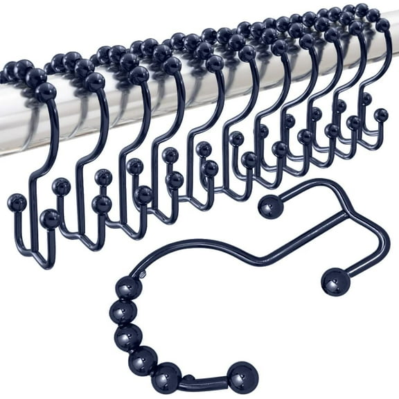 Shower Curtain Hooks, Stainless Steel Rust Resistant Easy Install Rings Set of 12, Decorative Liner Ring for Bathroom Hanging Rods, Friction Free Metal Hook, Bath Room Accessory, Navy