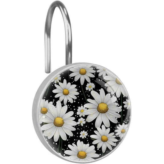 Shower Curtain Hooks White Daisy Flowers Print Round Clear Crystal Glass Rust Proof Stainless Steel Hook Art Decorative 1 Pack