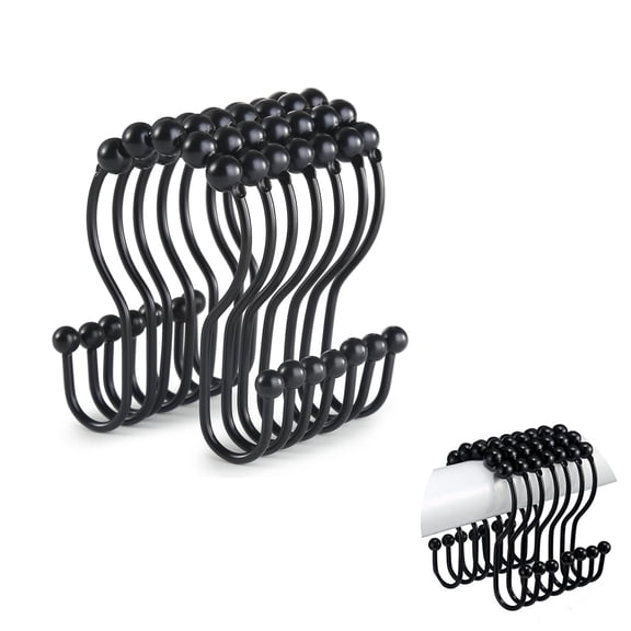 Black Stainless Steel Rust Resistant Double Hooks Smooth Slide Secure Hold Shower Curtain Hooks 20 Count