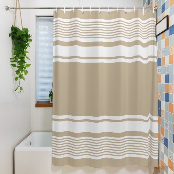 Shower Curtain, Horizontal Beige Stripes Waterproof Polyester Fabric Bath Curtain with Hooks for Bathroom Bathtub Stalls, Solid Tone Geometric Lines 72x84IN