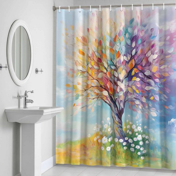 Shower Curtain, Impressionist Rainbow Tree with Daisies Waterproof Shower Curtain Set with Hooks for Bathroom Showers,Stalls and Bathtubs,72x72In Pastel Landscape