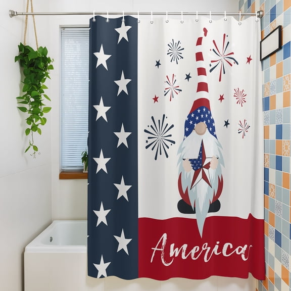 Shower Curtain, Independence Day Gnome Waterproof Polyester Fabric Bath Curtain with Hooks for Bathroom Bathtub Stalls, Firework Star Red White and Blue 36x72IN