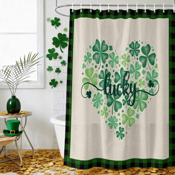 Shower Curtain, Irish St. Patrick's Day Four-Leaf on Linen Waterproof Shower Curtain Set with Hooks for Bathroom Showers,Stalls and Bathtubs,36x78In Love Heart Stretched