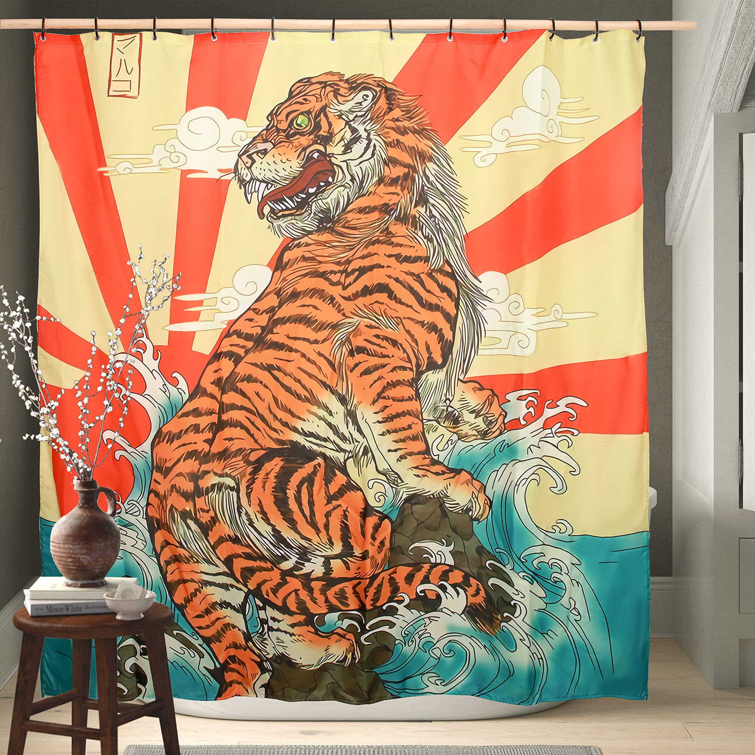 Shower Curtain Japanese Blue Ukiyoe Sunrise The Grave Waves Brave Whale