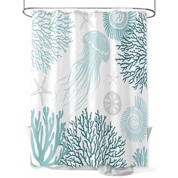 Shower Curtain, Jellyfish Starfish Teal Green Coral Coastal Ocean Washable Shower Curtain with Hooks Bath Decor Fabric Shower Curtains for Bathroom, Hotel, Stalls, Bathtubs, 48x72 Inch