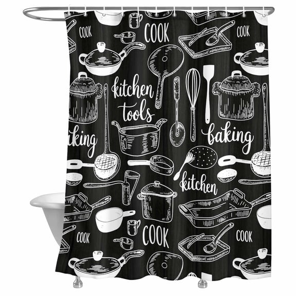 Shower Curtain Kitchen Tools Bathroom Curtains with Hooks, Waterproof Fabric Utensils Pots Pans Spoon Fork Bath Shower Curtains Set for Bathroom Bathtubs Decor 72x72 Inch