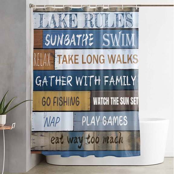 Shower Curtain, Lake Rules Farm Blue Wood Board Waterproof Shower Curtain Set with Hooks for Bathroom Showers,Stalls and Bathtubs,60x72In Quote Wooden Grain