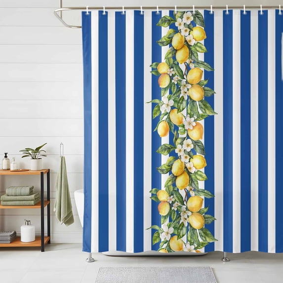 Shower Curtain Lemon Blue Stripes Shower Curtains for Bathroom Decor, Waterproof Polyester Shower Curtain Set with Hooks, Standard Size 72" x 72" Floral Fruit Leaves