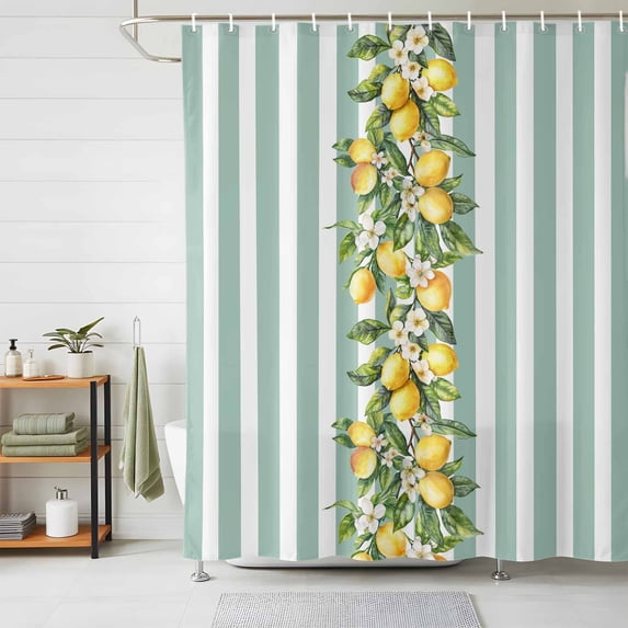 Shower Curtain Lemon Floral Shower Curtains for Bathroom Decor, Waterproof Polyester Shower Curtain Set with Hooks, Extra Long 72" x 84" Teal Green Stripes