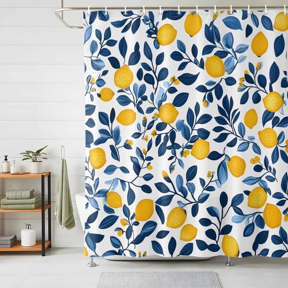 Shower Curtain Lemon Shower Curtains for Bathroom Decor, Waterproof Polyester Shower Curtain Set with Hooks, Standard Size 72" x 72" Floral Fruit Blue Leaf