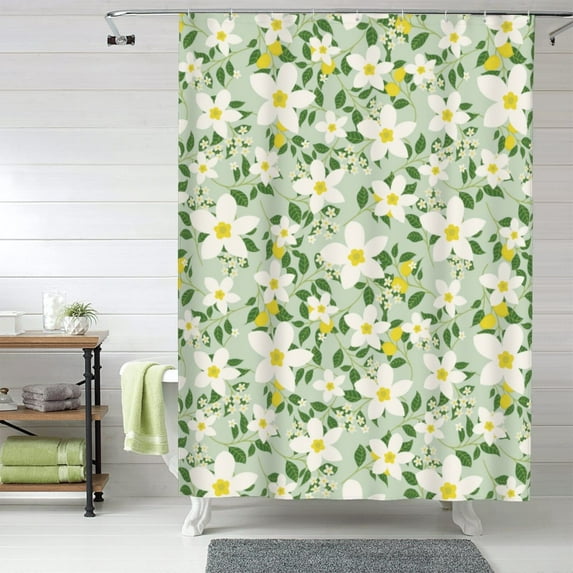 Shower Curtain, Lemon floral Waterproof Fabric Plastic Shower Curtain, Drying Fast Bathroom Curtain with 9 Buttonholes, Ruffle Shower Curtain 60x72in