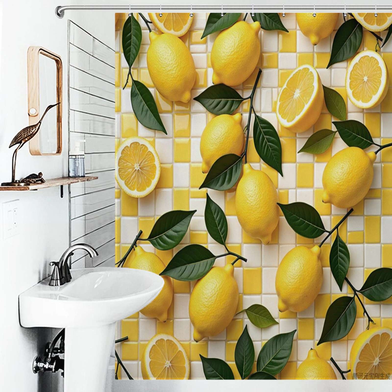 Shower Curtain Lemons And Leaves On Checkered Background Bath Curtain shower-curtain-lemons-and-leaves-on-checkered-background-bath-curtain