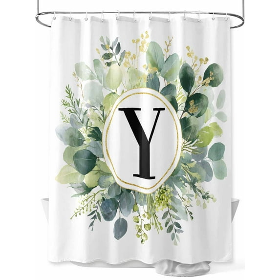 Shower Curtain Letter Y Bathroom Curtains with Hooks, Waterproof Fabric Alphabet Green Eucalyptus Leaves Bath Shower Curtains Set for Bathroom Bathtubs Decor 72x72 Inch