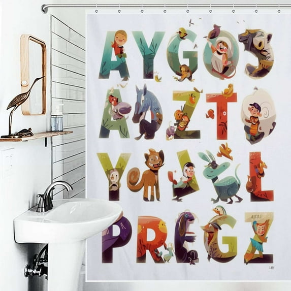 Shower Curtain Letters And Animals Bathroom Waterproof Polyester Home Ration Curtain With Hook