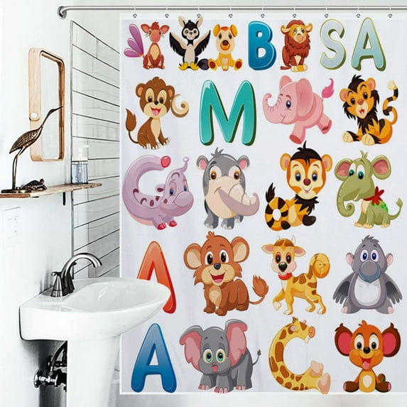Shower Curtain Letters And Animals Polyester Waterproof Home Ration Curtain With Hook