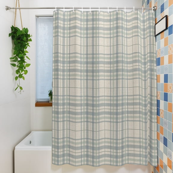 Shower Curtain, Light Blue Stripe on Linen Waterproof Polyester Fabric Bath Curtain with Hooks for Bathroom Bathtub Stalls, Rustic Checker Plaid 72x72IN