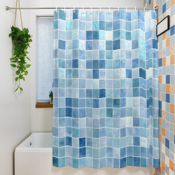 Shower Curtain, Light Blue White Color Block Waterproof Polyester Fabric Bath Curtain with Hooks for Bathroom Bathtub Stalls, Summer Ocean Watercolor Square 36x72IN