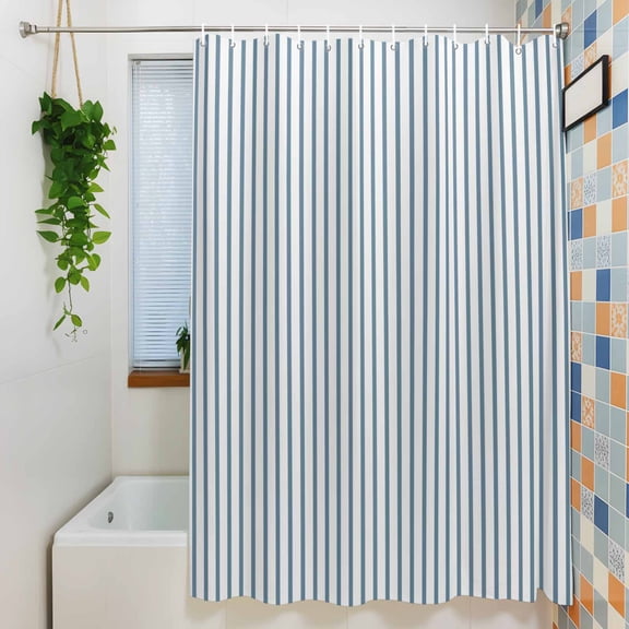 Shower Curtain, Light Blue White Pinstriped Waterproof Polyester Fabric Bath Curtain with Hooks for Bathroom Bathtub Stalls, Classic Geometric Striped 72x72IN