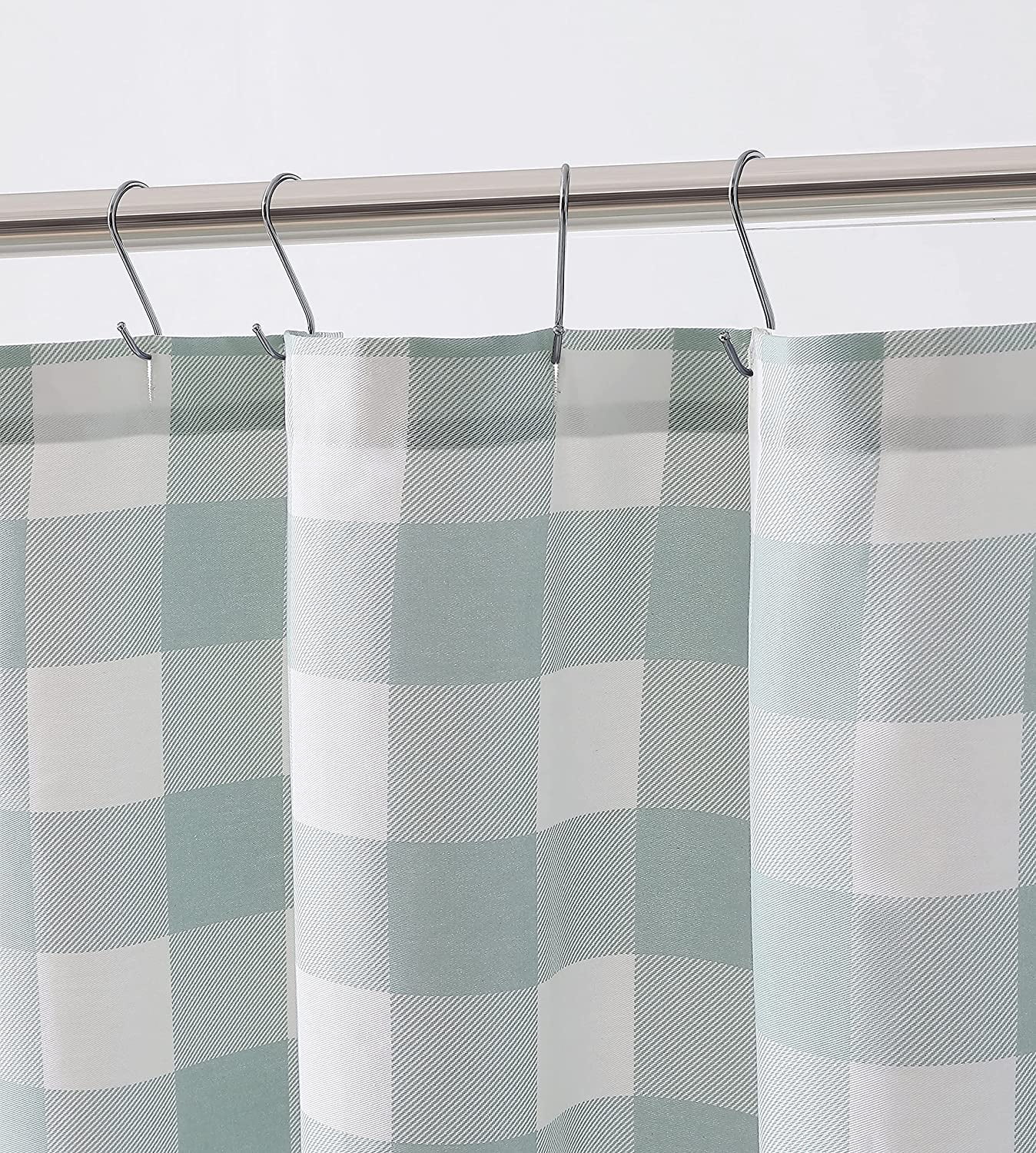 Green Plaid Cotton Shower Curtain with Buttonhole Top