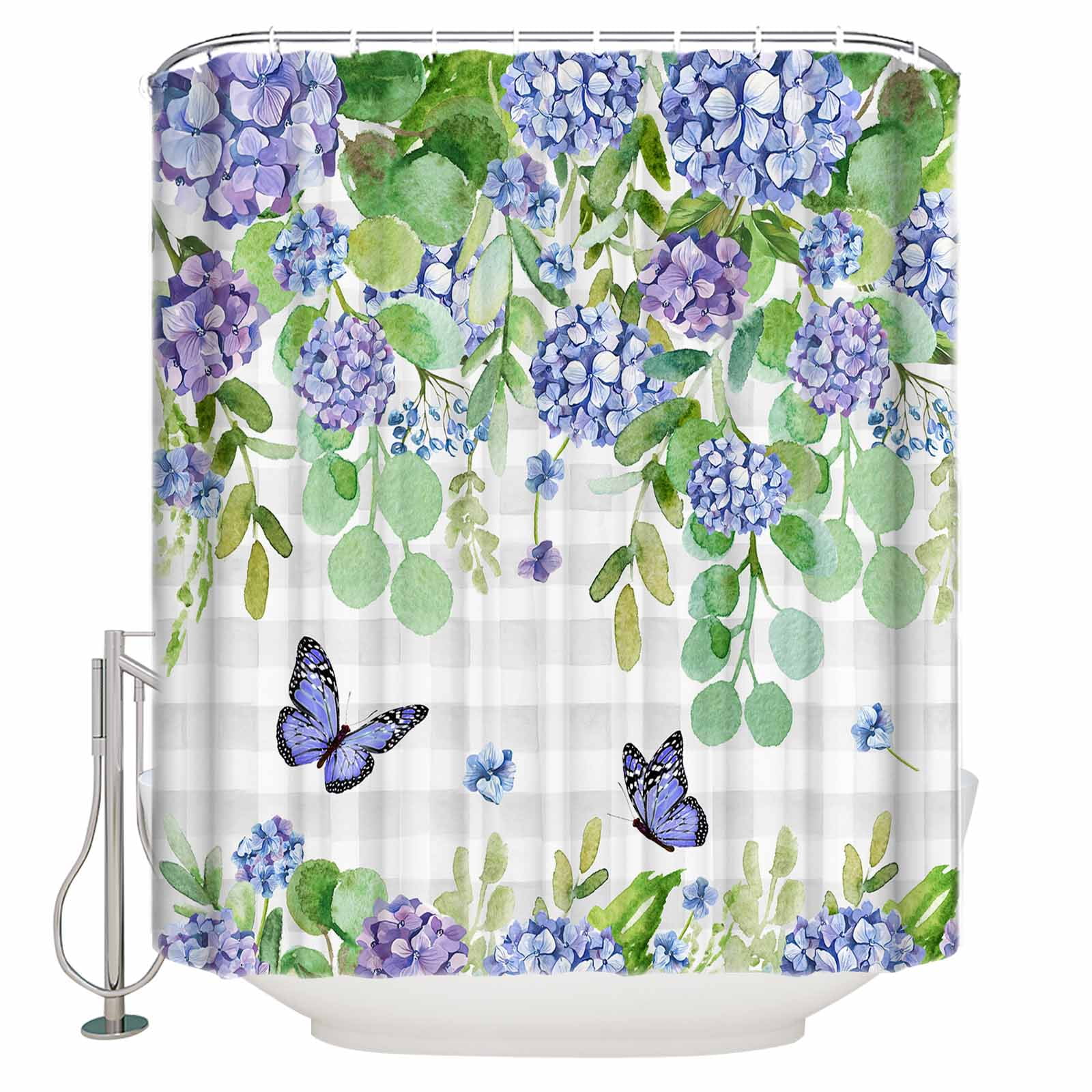 Shower Curtain Lightweight Shower Curtains with 12 Hooks Blue Hydrangeas Flower Floral Butterfly