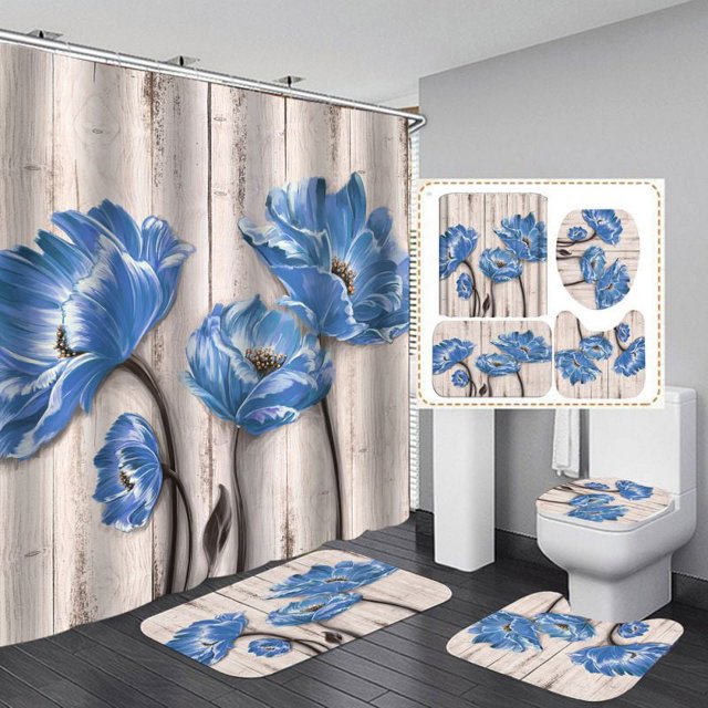 Shower Curtain Liner & Bathroom Rugs & U-Shaped Toilet Mat & Toilet Lid Cover Set, Flower 3D Print Waterproof Floral Spa Shower Curtain with 12 Hooks for Hotel Bathroom Decor, Machine Washable