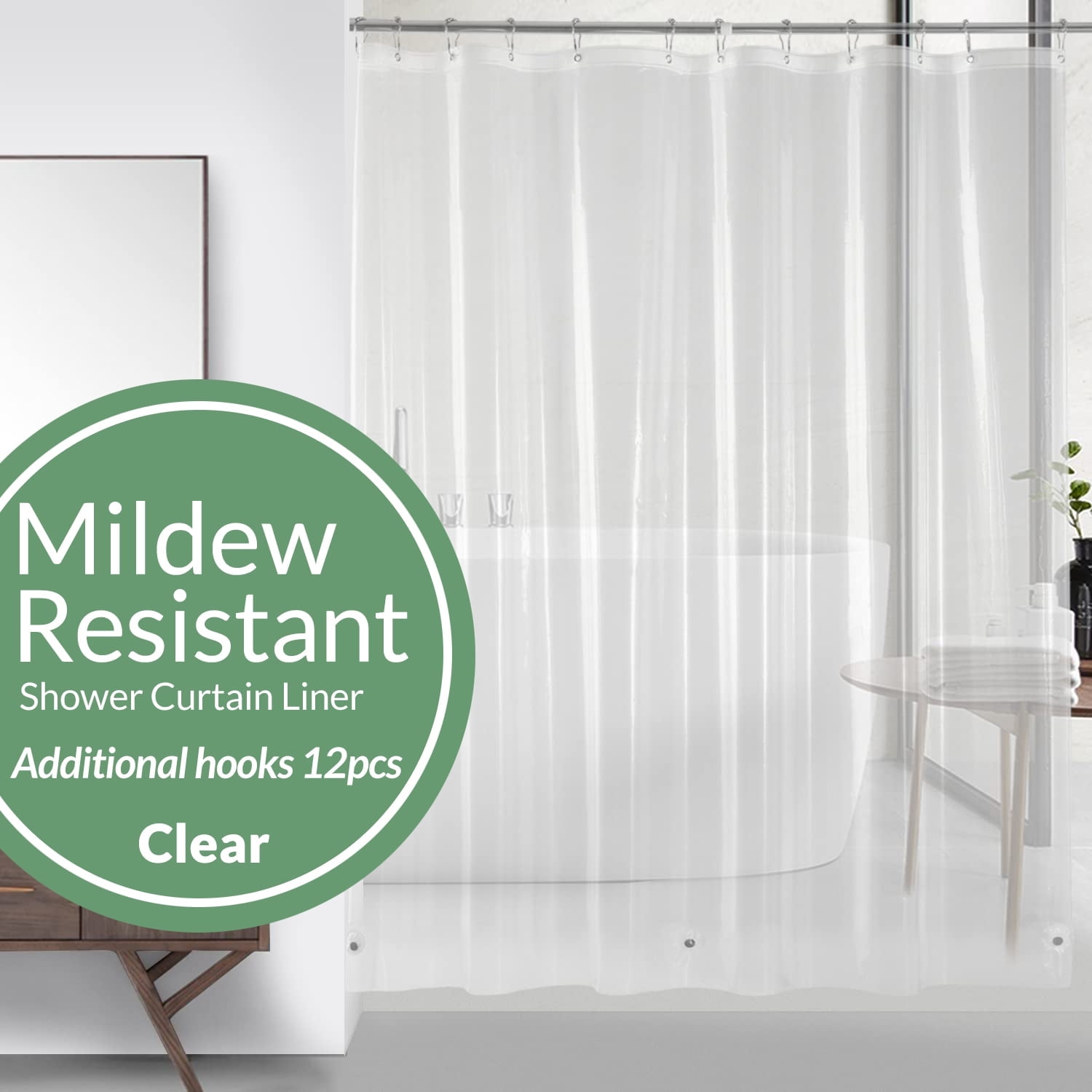 "MAZBFF Lightweight 72""x72"" PEVA Shower Curtain Liner & Hooks