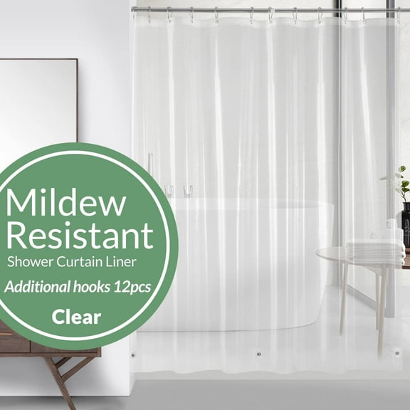 MAZBFF 72" x 72" PEVA Waterproof Mildew Resistant Plastic Clear Shower Curtain Liner, 12 Hooks