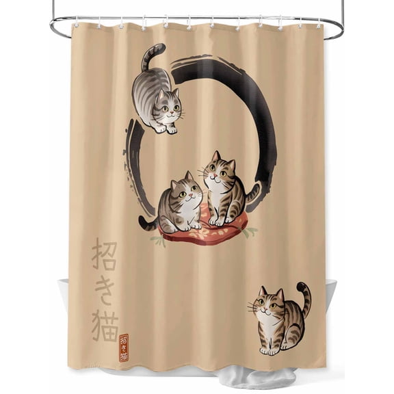 Shower Curtain Lucky Cat Bathroom Curtains with Hooks, Waterproof Fabric Cute Japanese Style Beige Bath Shower Curtains Set for Bathroom Bathtubs Decor 36x72 Inch