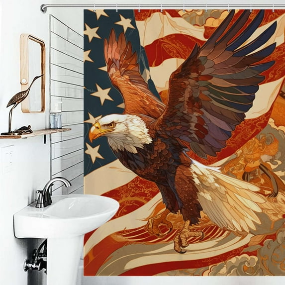 Shower Curtain Majestic Bald Eagle With American Flag Bath Curtain Polyester Fabric Bathroom Ration With Hooks