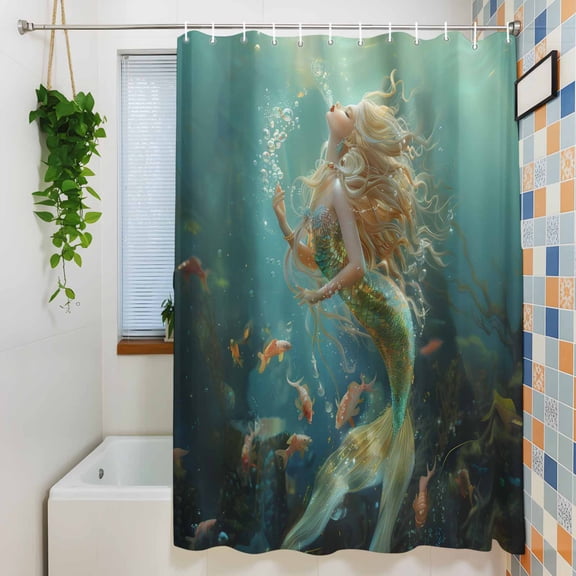 Shower Curtain, Marine Beautiful Mermaid Fish Waterproof Polyester Fabric Bath Curtain with Hooks for Bathroom Bathtub Stalls, Undersea Ocean Life Seaweed 36x72IN