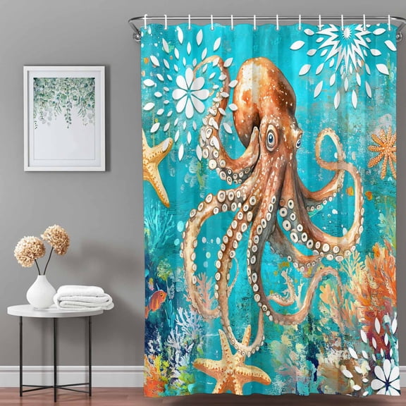 Shower Curtain,Marine Life Octopus on Green Waterproof Shower Curtain Set with Hooks for Bathroom Showers,Stalls and Bathtubs,36x72in,Monster Starfish Coral