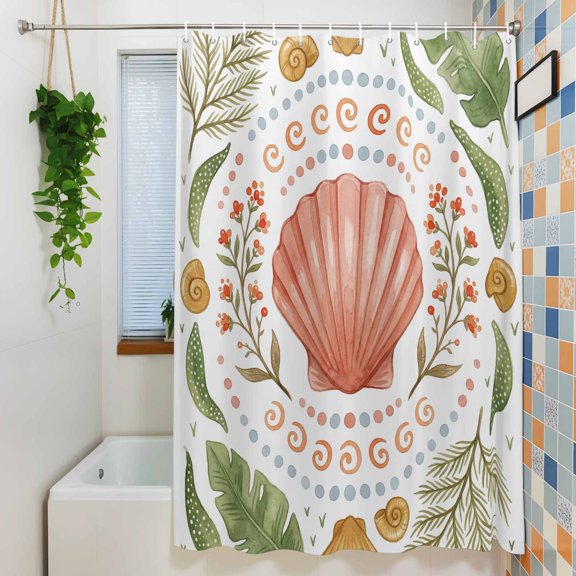 Shower Curtain, Marine Shell Flower Leaves Waterproof Polyester Fabric Bath Curtain with Hooks for Bathroom Bathtub Stalls, Watercolor Ocean Conch Plant 36x72IN