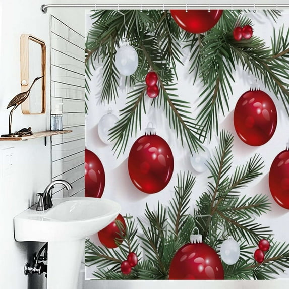 Shower Curtain Merry Christmas Red Green Ornaments Pattern Bath Curtain Polyester Fabric Bathroom Ration With Hooks
