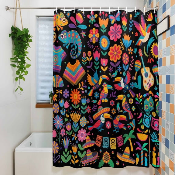 Shower Curtain, Mexico Floral Flower Guitar Cactus Parrot Waterproof Polyester Fabric Bath Curtain with Hooks for Bathroom Bathtub Stalls, Retro Aesthetic 36x72IN