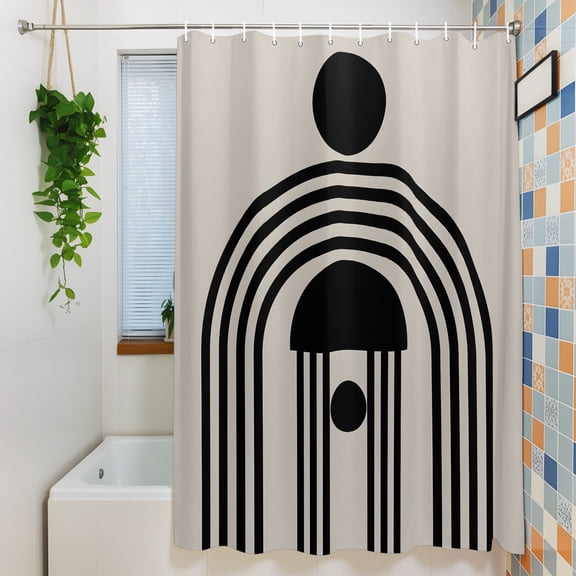 Shower Curtain, Mid Century Nordic Arch Circle Waterproof Polyester Fabric Bath Curtain with Hooks for Bathroom Bathtub Stalls, Black Stripe on Beige 36x72IN