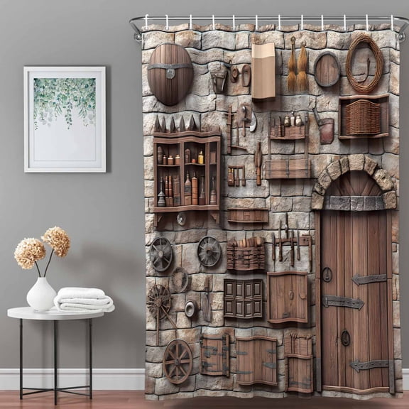 Shower Curtain,Mid Century Retro Farmhouse Waterproof Shower Curtain Set with Hooks for Bathroom Showers,Stalls and Bathtubs,36x72in,Farm Wood Grain Brick